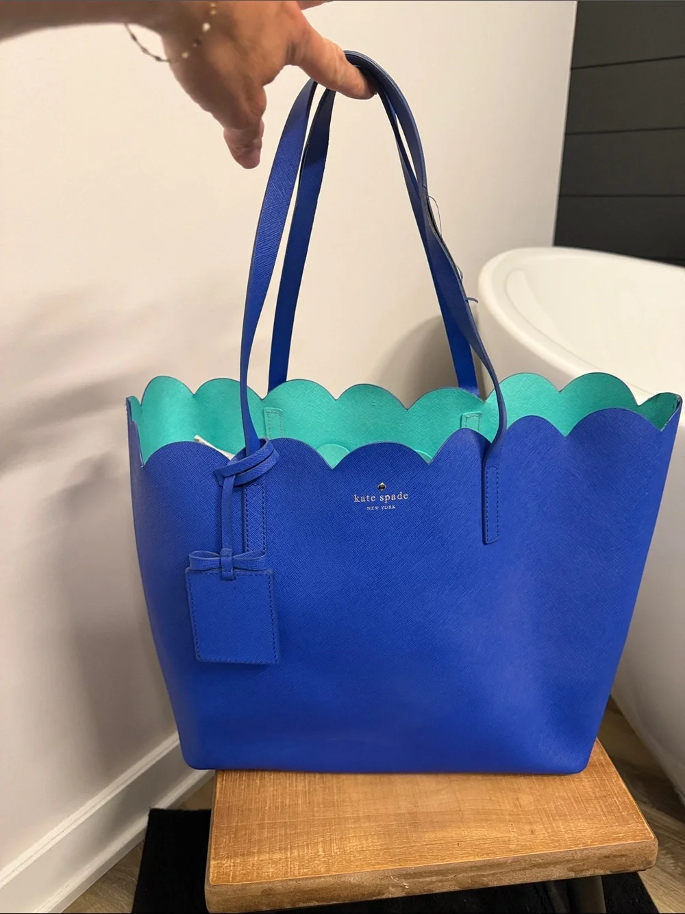 kate spade cobalt blue tote with teal scalloped trim